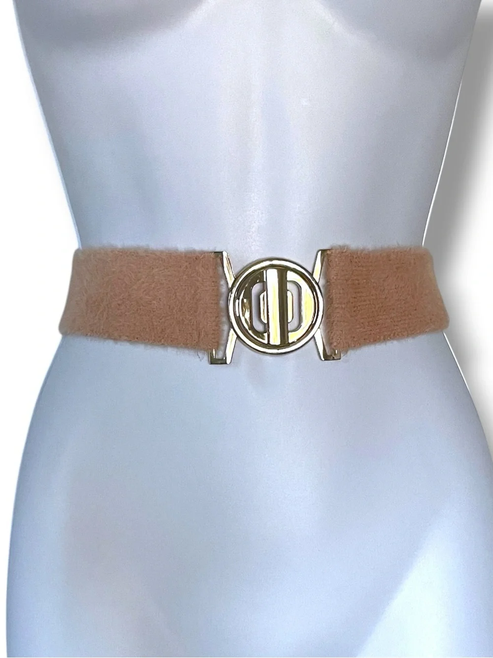 Fuzzy Stretch Waist Belt Gold Statement Buckle Soft Glam Boho Quiet Luxury